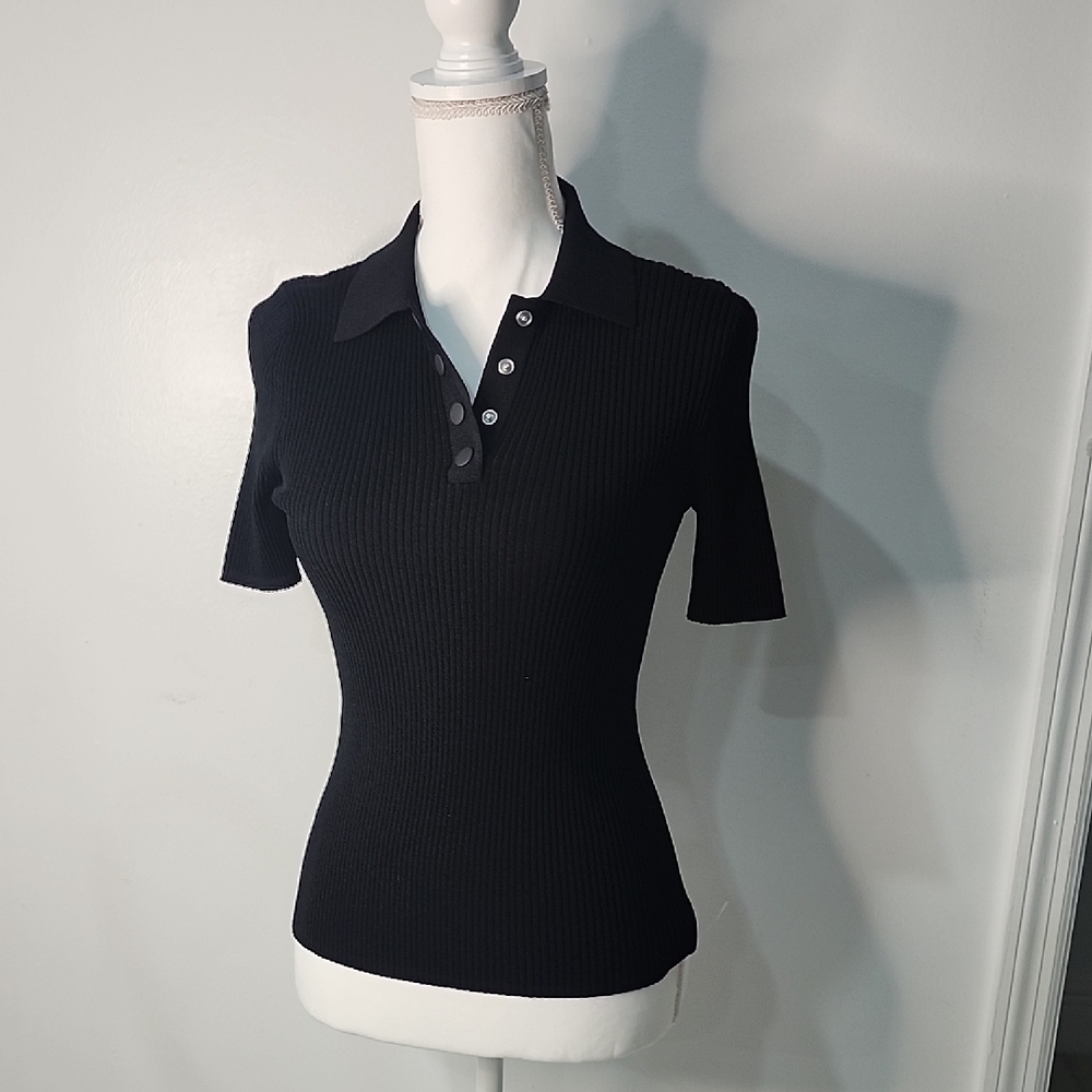 Theory Black Ribbed Button Down Shirt
